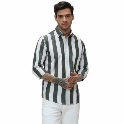 Mufti Olive & White Awning Stripe Slim Fit Casual Shirt