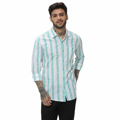 Mufti Green & White Printed Stripe Slim Fit Casual Shirt