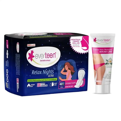 everteen Relax Nights Ultra 40 Pads and Natural Bikini Line Hair Remover Cream 50g