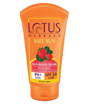 Lotus Herbals Safe Sun Sunscreen Cream, Breezy Berry SPF 20 PA+, Waterproof, Berry extract, 50g