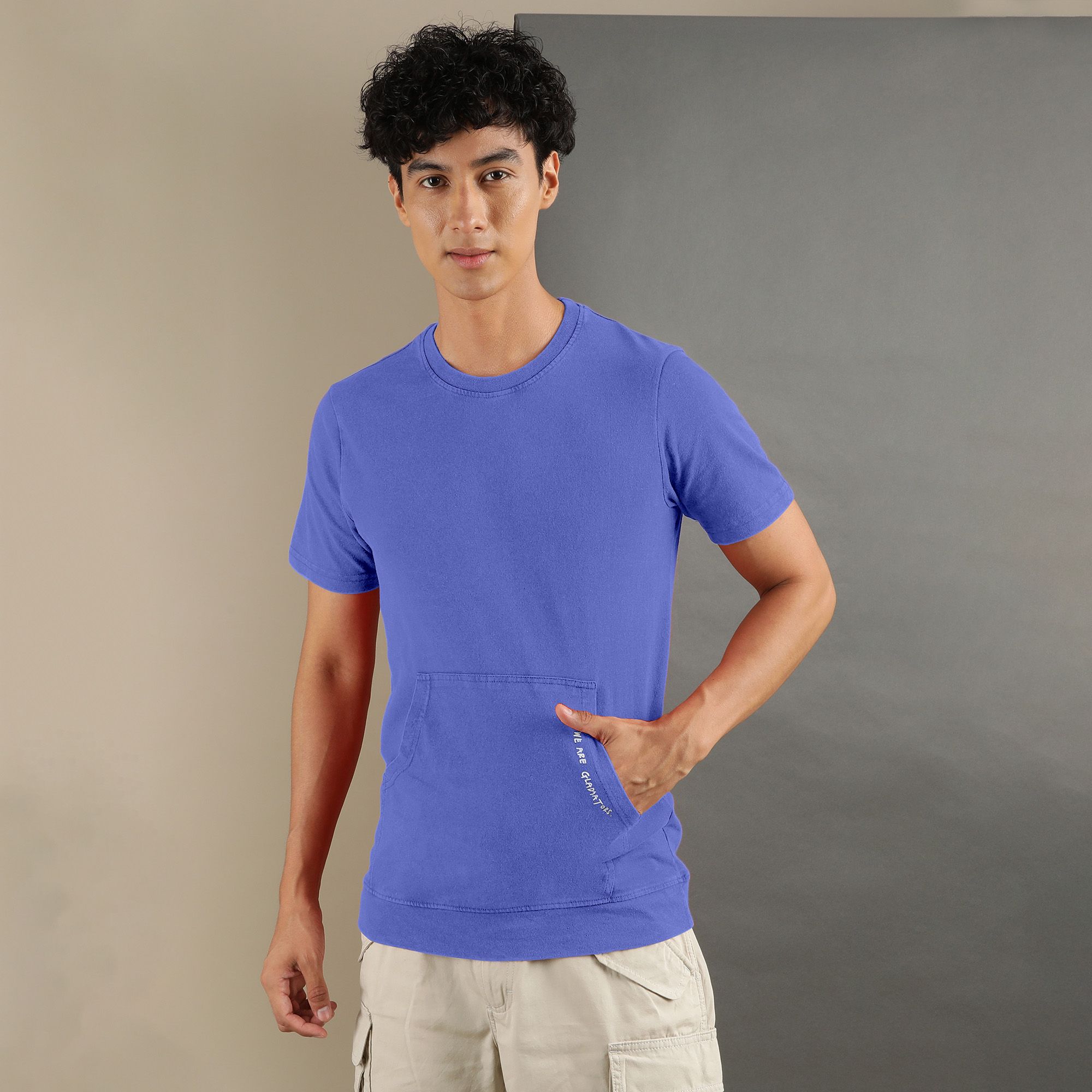 Ftx Men Solid Round Neck Kangaroo Pocket Half Sleeve Tshirt