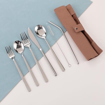 Kuber Industries 28 Pcs Utensil Set, Pack of 4, Stainless Steel Flatware with Bag, Travel Organizer, Durable, Practical, Brown Cover-Kuber Industries 28 Pcs Utensil Set | Stainless Steel Flatware