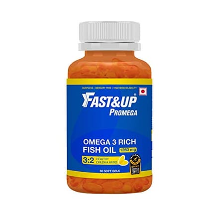 Fast&Up Omega 3 Fish Oil 1250 mg (60 soft gel capsules) triple strength care for Hearth, Brain, Joint & Eye 3:2 EPA:DHA chocolate flavour