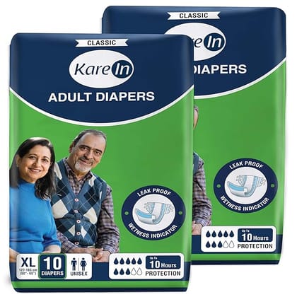 KareIn Classic Adult Diapers, Extra Large (XL), Waist Size 127-165 Cm (50"-65"), 20 Count, Tape Style, Unisex, High Absorbency, Leak Proof, Wetness Indicator