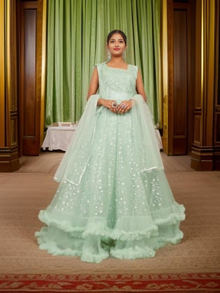 Gown with Mirror & Cut Dana Work by Shreekama-Pista Green / Free Size