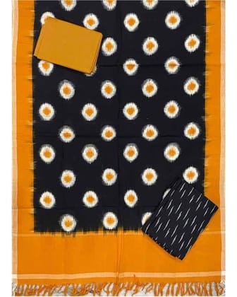 POCHAMPALLY IKAT COTTON BLACK WITH YELLOW COLOR DRESS MATERIAL - C23