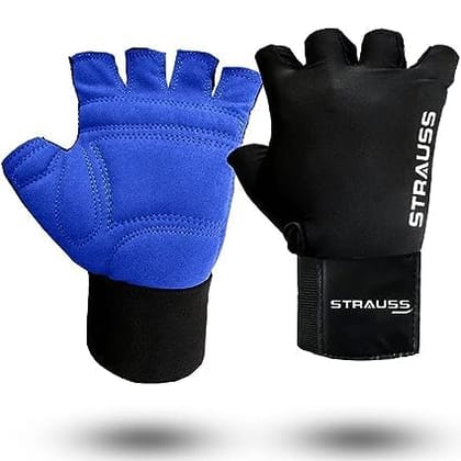 STRAUSS Suede Gym Gloves for Weightlifting, Cycling, Exercise. Full Palm Protection, Extra Durability, Fingerless, Size Large, Blue/Black.-STRAUSS Suede Gym Gloves for Weightlifting, Cycling, Exe