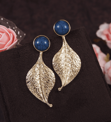 Gold Plated Leaf Cutout Design Fancy Earring-WER 3213-Blue / Gold