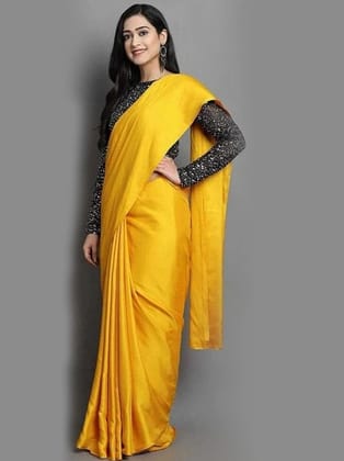 Yellow Plain Satin Silk Saree | Indian Wedding Saree | Handwoven Saree | Sarees India | Gifts For Her | Traditional Saree | Sarees For Women  by Rang Bharat