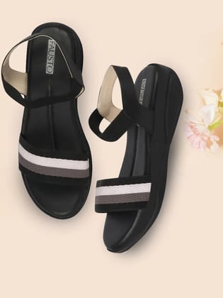 Women Black Open Toe Multi Color Strap Platform Woven Design Slip On Sandals-4