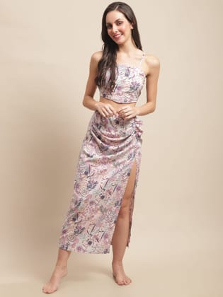 Mauve Color Floral Printed Viscose Rayon Coverup Skirt With Top Beachwear For Woman-xl