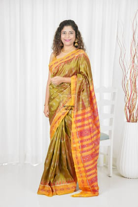 Odisha Ikkat Khandua Silk Saree - Mayura Chandrika- Dual Tone Henna