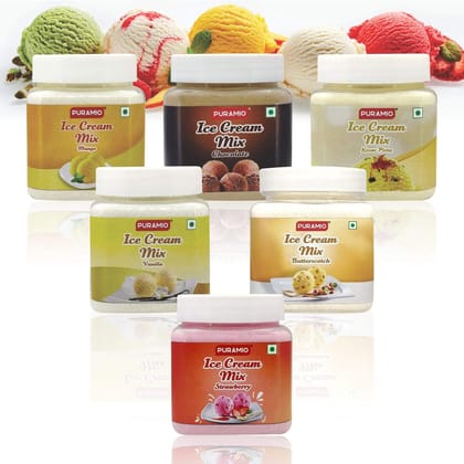 Puramio Icecream Mix (Vanilla, Chocolate, Strawberry, Mango, Kesar Pista, Butterscotch), 250 gm Each - Pack of 6