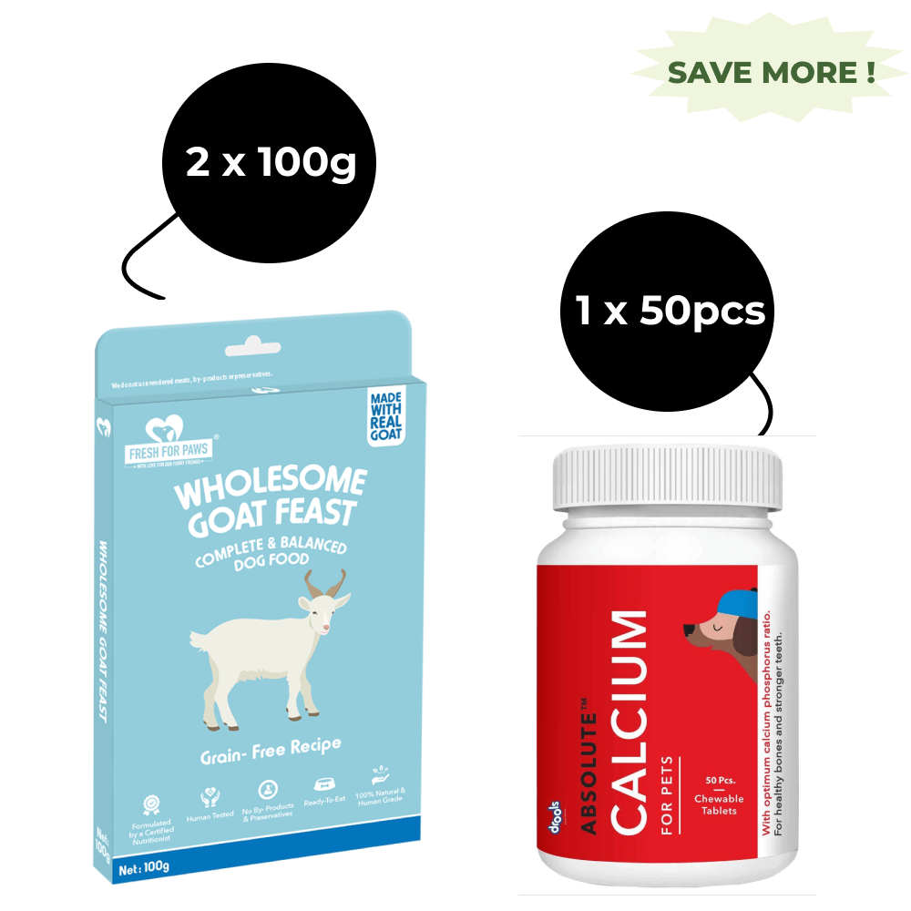 Fresh For Paws Wholesome Goat Feast Wet Food for Cats and Dogs and Drools Absolute Calcium Dog Supplement Tablets Combo-Fresh For Paws Wholesome Goat Feast Wet Food for Cats and Dogs and Drools A