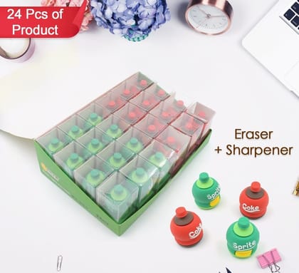 3D Cold Drink Bottle Shape Rubber Pencil Sharpener and Eraser Set - Stationery Gift for Kids School Boys Girls, Ideal for Birthday Return Gifts (24 Pcs Set)-24 pc