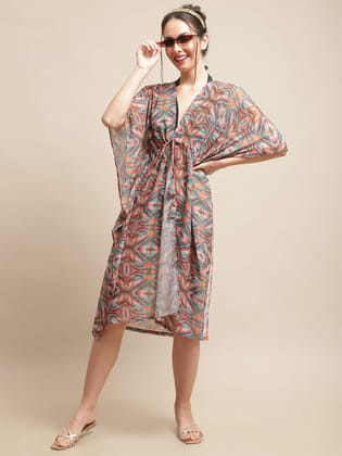 Multi Color Abstract Printed Georgette Coverup Robe Beachwear For Woman-ONESIZE