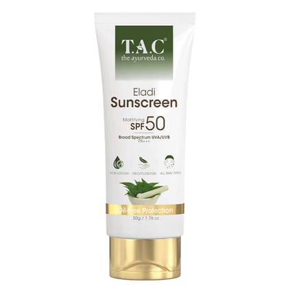 TAC - The Ayurveda Co. Eladi Sunscreen With SPF 50 Matifying Sun Protection, No White Cast UVA & UVB