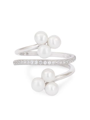 Pearl & American Diamond Silver Band Ring-12