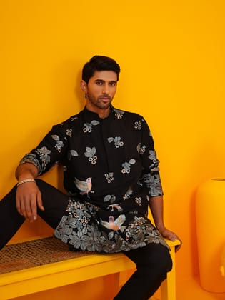 Men's Cotton Silk MultiColored Resham Embroidered Black Kurta and Trouser-36