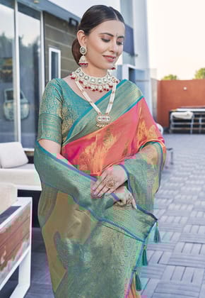 Latest Pure Tissue Zari Woven Coral Colour Saree