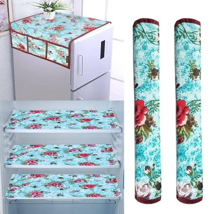 WISHLAND Double Door Fridge Cover Combo Set pf 1 Fridge Top Cover + 2 Fridge Handle Cover + 3 Multipurpose Fridge Mats (Blue)