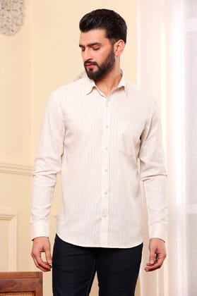 Beige Cream Striped Linen Shirt (Size - S) by BLUE EAGLE