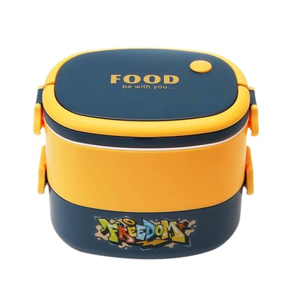 Kuber Industries Insulated Lunch Box, 2 Compartments, BPA Free, Leakproof, Microwave & Dishwasher Safe, 1450 ML, Yellow/Blue.-Kuber Industries Insulated Lunch Box, 2 Compartments, BPA Free, Leakp