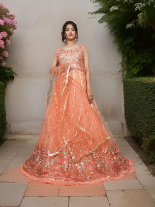 Peach Gown with Embroidery & Sequin Work by Shreekama-Peach / Free Size