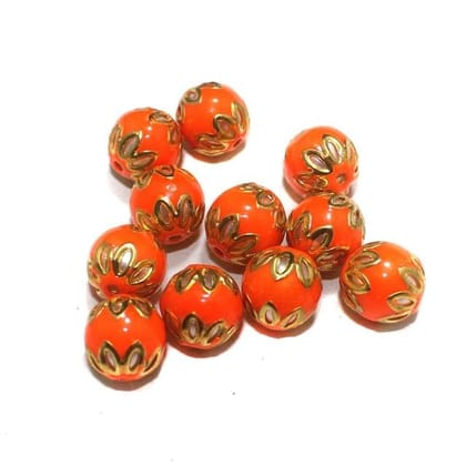 20 Pcs 14mm Glass Meenakari Beads Round Orange-Orange / Glass