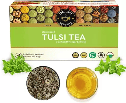 TEACURRY Tulsi Tea (1 Month Pack, 30 Tea Bags) - Helps with Blood Sugar, Dental health & Stress