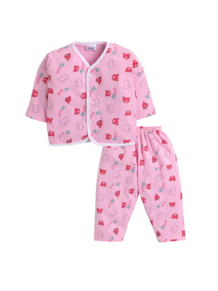 Printed Cotton Unisex Jhabla and Full Pant Set-0-3 M / Pink / Material