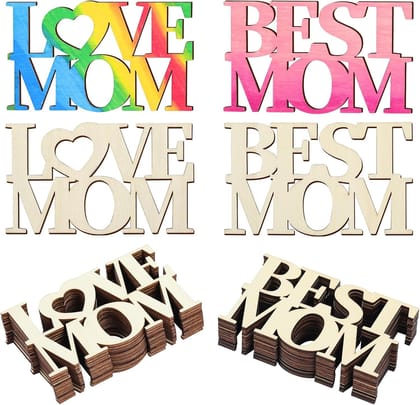 American Elm 24Pcs Best MOM Unfinished Wood Crafts Love Mothers Day Crafts MOM Cutouts Gift Wooden Tags