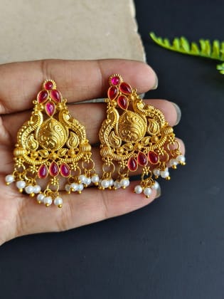 Golden-Plated Traditional Stud Earrings with Stones & Pearl Drops | Sarichka-Magenta