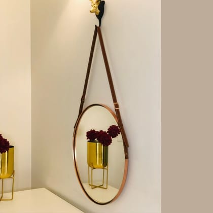 Round Hanging Mirror with Leather Strap- Rose Gold-16 Inch