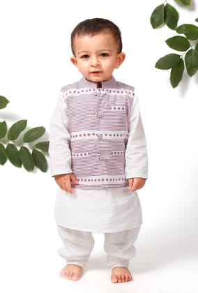 Set of 3 - Rubble Purple Jacket with White Kurta Pyjama Set-0-3M