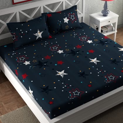 Same Navy Blue Star Cotton Blend Super King Bedsheet with 2 Pillow Covers (108x108 inches)-Super-King