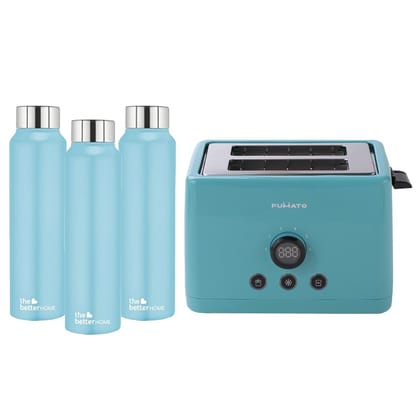 The Better Home FUMATO 1000 Watt 2 Slice Pop-up Toastmate Toaster  Stainless Steel Water Bottle 1 Litre Pack of 3Blue-The Better Home FUMATO 1000 Watt 2 Slice Pop-up Toastmate Toaster & Stainless