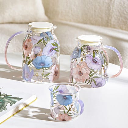 Glass - Tea Pot Kettle Set, Water Pitcher Jug - Floral Printed - Purple Lotus