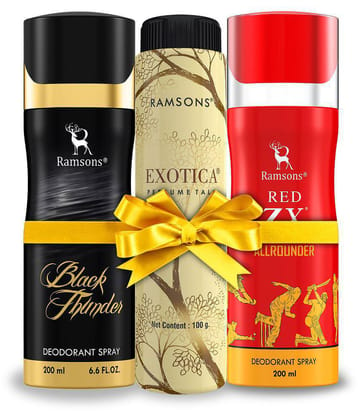 RAMSONS Deo Talc Combo | 1 Red ZX - Allrounder Deodorant Spray - 200ml | 1 Black Thunder Deodorant Spray - 200ml | 1 Exotica Perfume Talc - 100gm | Combo Pack Of 3