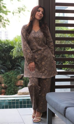 Cotton Handblock Grey Coord Set-XXS