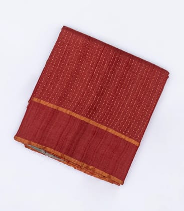 Red Handloom Tussar Silk Saree With Embroidered Stripes-Red