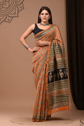 Intriguing Pure Chanderi Silk Orange Saree Blockprinted