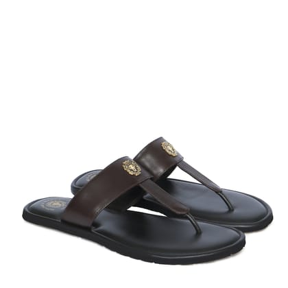 Men's T-Strap Slide-in Slippers with Black-Brown Leather Strap-40/6