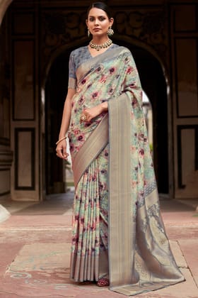 Demure Grey Digital Printed Crape Silk Saree With Radiant Blouse Piece