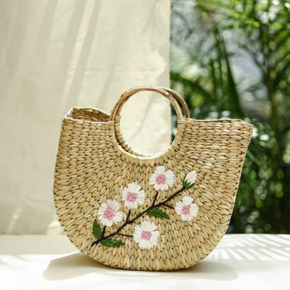 Beige - Handcrafted Natural Water Reed Embroidered Hand Bag