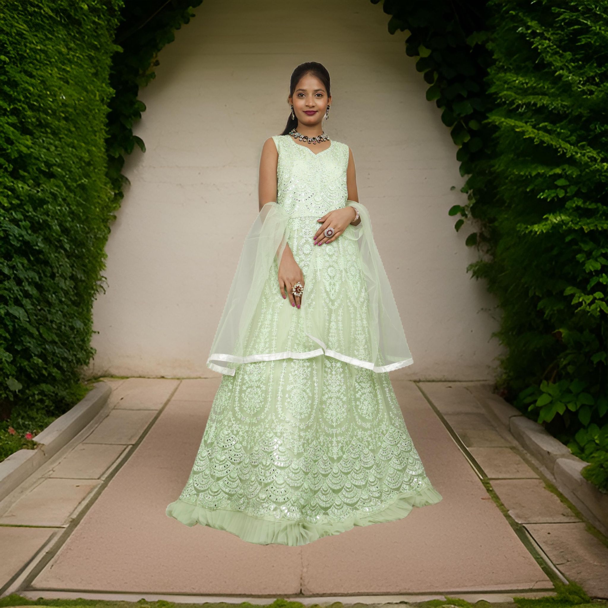 Gown with Thread Work & Stones by Shreekama-Pista Green / Free Size