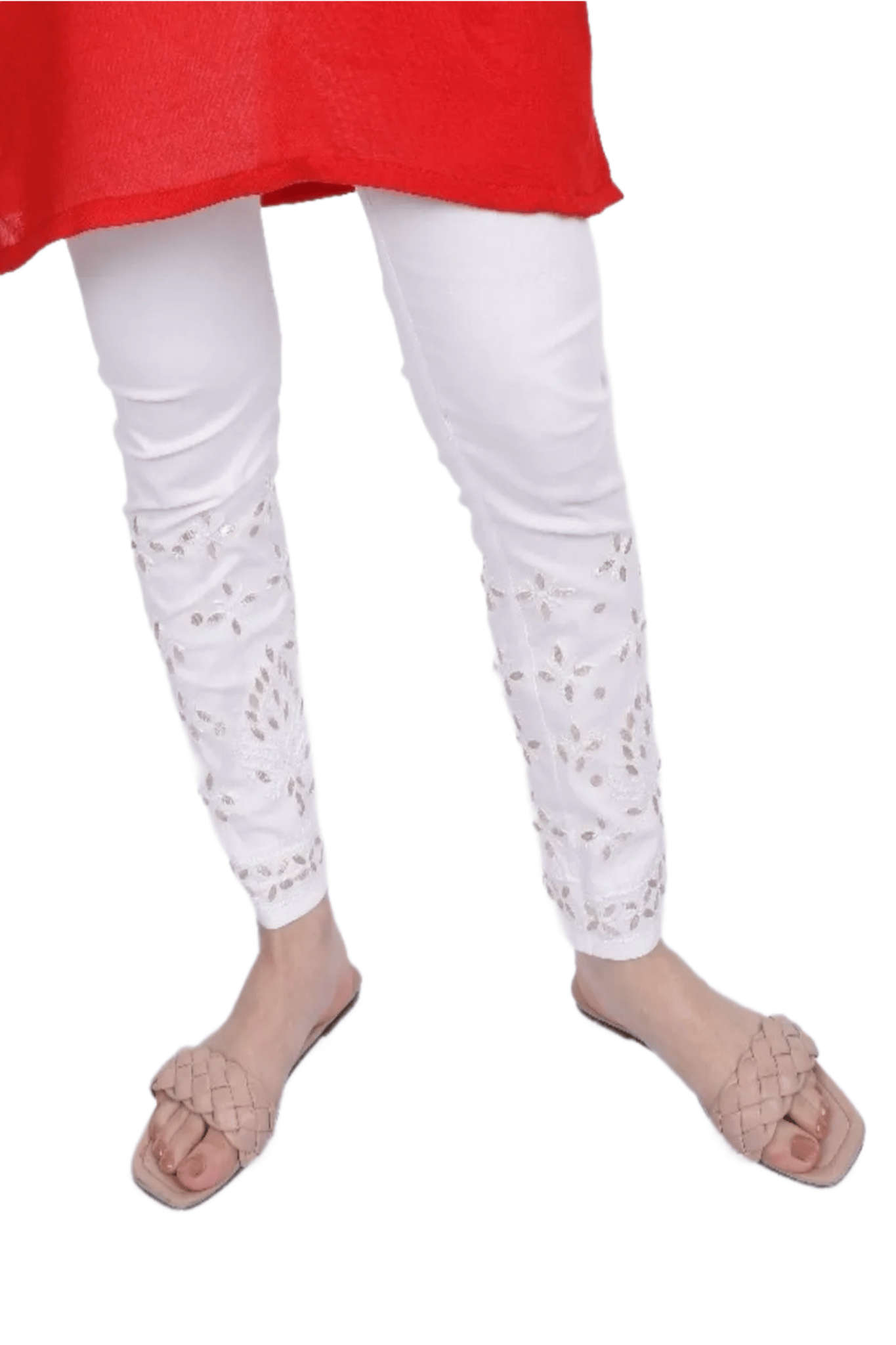 The Chikankari Story White Stretchable Cotton Pants for Ladies with Lakhnavi Chikankari Hand Embroidery and Side Pockets - Fine Gota Patti Work.-XL