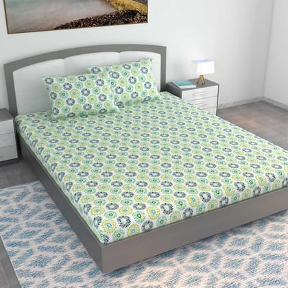 Green Dahlia Floral Printed Bedsheet For King Size Bed-King / Green Multicolor / PR_5006-KB