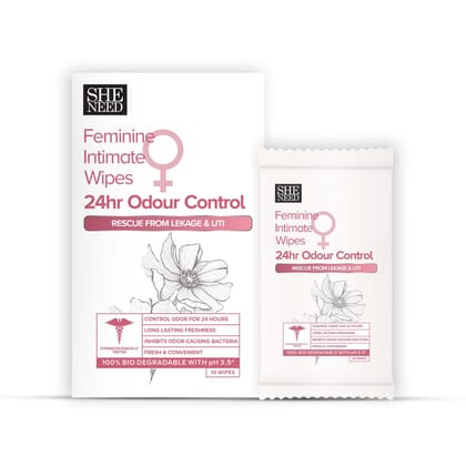 SHENEED Feminine Intimate 24hr Odour control wipes 10N |Rescue from leakage & UTI| Refreshing Cleansing |pH Balance |Natural & Vegan | Paraben & Sulphate Free|clinically proven| Gynac approved | 