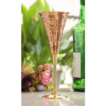 Indian Art Villa Pure Copper Designer Cocktail Glass with Brass Stand, Drinkware, Barware-Embossed / 1